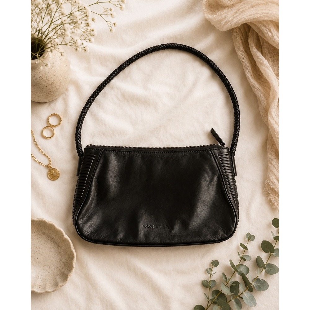 Via Spiga Brown Leather Baguette Bag Braided Strap Whipstitch Y2K Shoulder Bag